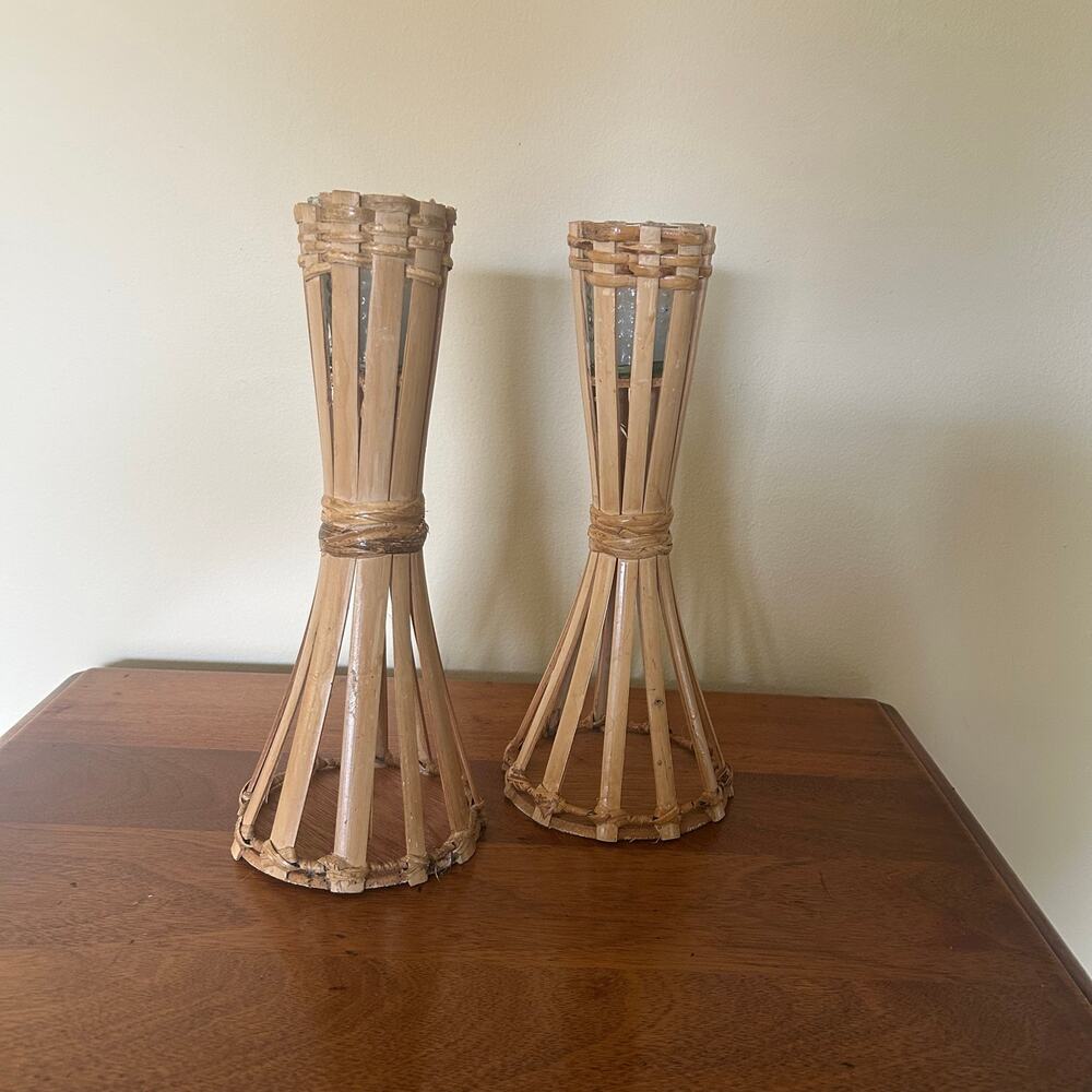 Vintage Bamboo Rattan Candle Holder with Glass Votive, 12 Inch Tall